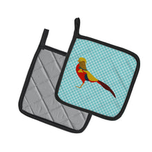 Load image into Gallery viewer, Golden or Chinese Pheasant Blue Check Pot Holders - Set of 2 - Heat-Resistant Kitchen Essentials BB8102PTHD