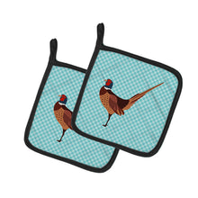 Load image into Gallery viewer, Ring-necked Common Pheasant Blue Check Pot Holders - Set of 2 - Heat-Resistant Kitchen Essentials BB8104PTHD