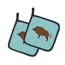 Load image into Gallery viewer, Wild Boar Pig Blue Check Pot Holders - Set of 2 - Heat-Resistant Kitchen Essentials BB8110PTHD