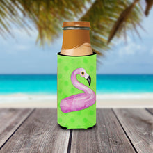 Load image into Gallery viewer, Flamingo Floaty Green Polkadot   Hugger for slim cans BB8255MUK