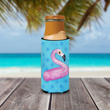 Load image into Gallery viewer, Flamingo Floaty Blue Polkadot   Hugger for slim cans BB8256MUK