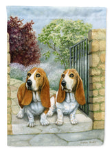 Load image into Gallery viewer, Basset Hounds in the Gate Flag Canvas House Size BDBA0390CHF