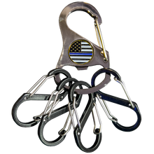 Load image into Gallery viewer, Thin Blue Line Carabiner Keychain with 4 carabiner clips and bottle opener function NYPD LAPD ATF FBI CBP