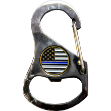 Load image into Gallery viewer, Thin Blue Line Carabiner Keychain with 4 carabiner clips and bottle opener function NYPD LAPD ATF FBI CBP