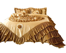Load image into Gallery viewer, Tache Satin Ruffle Floral Gold Caramel Latte Comforter (BM4578)