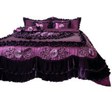 Load image into Gallery viewer, Tache Satin Ruffle Dark Purple Floral Midnight Bloom Comforter (BM-6438)