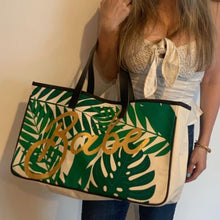 Load image into Gallery viewer, Babe Palm Leaves Large Rectangular Tote Bag | Genuine Leather Handles