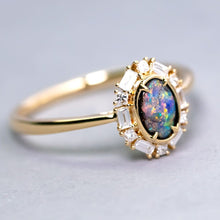 Load image into Gallery viewer, Baguette Halo Diamond Boulder Opal Engagement Ring 18K Yellow Gold