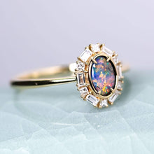 Load image into Gallery viewer, Baguette Halo Diamond Boulder Opal Engagement Ring 18K Yellow Gold