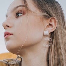 Load image into Gallery viewer, White Moonglow &amp; Clear Donut Drop Earrings