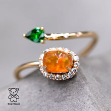Load image into Gallery viewer, Leaf &amp; Flower Fire Opal Halo Diamond Tsavorite Engagement Ring 18K Yellow Gold