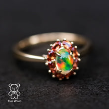 Load image into Gallery viewer, Beautiful Play of Color Fire Opal Orange Sapphire Engagement Ring 18K Yellow Gold