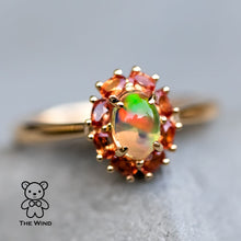 Load image into Gallery viewer, Beautiful Play of Color Fire Opal Orange Sapphire Engagement Ring 18K Yellow Gold