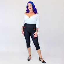Load image into Gallery viewer, Black Pin Up High Waist Capri Pants with Embroidered Cherries [Available in Sizes SM-L]