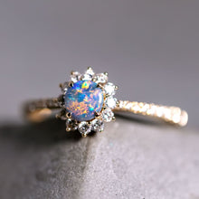 Load image into Gallery viewer, Adorable Black Opal Halo Diamond Engagement Ring 18K Yellow Gold