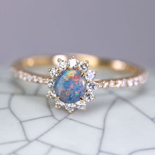 Load image into Gallery viewer, Adorable Black Opal Halo Diamond Engagement Ring 18K Yellow Gold