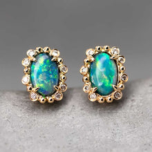 Load image into Gallery viewer, Australian Black Opal &amp; Halo Diamond Stud Earrings 18k Yellow Gold