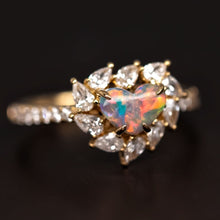 Load image into Gallery viewer, La Fiesta - Lightning Ridge Black Opal &amp; Halo Pear Diamond Engagement Wedding Ring 18K Yellow Gold