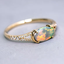 Load image into Gallery viewer, Black Opal Split Shank Engagement Ring with Pave Setting 18K Yellow Gold