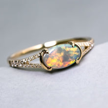 Load image into Gallery viewer, Black Opal Split Shank Engagement Ring with Pave Setting 18K Yellow Gold