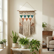 Load image into Gallery viewer, Bohemia Wall Hanging Decor | Boho Geometric Woven Textile with Layered Fringe &amp; Copper Bar | 14" x 24"