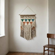 Load image into Gallery viewer, Bohemia Wall Hanging Decor | Boho Geometric Woven Textile with Layered Fringe &amp; Copper Bar | 14" x 24"