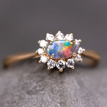Load image into Gallery viewer, Play of Color Boulder Opal Diamond Halo Engagement Ring 18K Gold