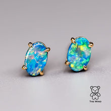 Load image into Gallery viewer, Minimalist Bright Australian Doublet Opal Oval Stud Earrings 14K Yellow Gold