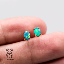 Load image into Gallery viewer, Minimalist Bright Australian Doublet Opal Oval Stud Earrings 14K Yellow Gold