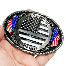 Load image into Gallery viewer, EL4-008 Correctional Officer Antique Nickel Thin Gray Line CO Police American Flag Corrections Belt Buckle America's Front Line Oath Taker