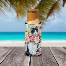 Load image into Gallery viewer, Black and White Rose Cat Slim Can Hugger – Fun &amp; Functional Drink Coolers CDCO0176MUK