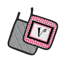 Load image into Gallery viewer, Letter V Monogram - Pink Black Polka Dots Pot Holders - Set of 2 - Heat-Resistant Kitchen Essentials CJ1001-VPTHD