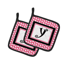 Load image into Gallery viewer, Letter Y Monogram - Pink Black Polka Dots Pot Holders - Set of 2 - Heat-Resistant Kitchen Essentials CJ1001-YPTHD
