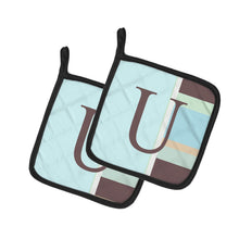Load image into Gallery viewer, Letter U Initial Monogram - Blue Stripes Pot Holders - Set of 2 - Heat-Resistant Kitchen Essentials CJ1003-UPTHD