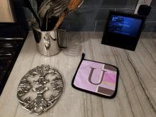 Load image into Gallery viewer, Letter U Initial Monogram - Pink Stripes Pot Holders - Set of 2 - Heat-Resistant Kitchen Essentials CJ1005-UPTHD