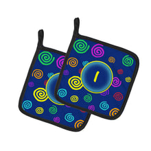 Load image into Gallery viewer, Letter I Initial Monogram - Blue Swirls Pot Holders - Set of 2 - Heat-Resistant Kitchen Essentials CJ1011-IPTHD