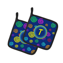 Load image into Gallery viewer, Letter T Initial Monogram - Blue Swirls Pot Holders - Set of 2 - Heat-Resistant Kitchen Essentials CJ1011-TPTHD