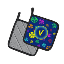 Load image into Gallery viewer, Letter V Initial Monogram - Blue Swirls Pot Holders - Set of 2 - Heat-Resistant Kitchen Essentials CJ1011-VPTHD