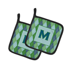 Load image into Gallery viewer, Monogram - Initial M Blue Argoyle Pot Holders - Set of 2 - Heat-Resistant Kitchen Essentials CJ1020-MPTHD