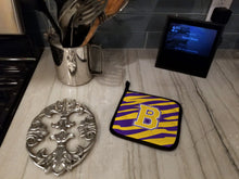 Load image into Gallery viewer, Letter B Monogram - Tiger Stripe - Purple Gold Pot Holders - Set of 2 - Heat-Resistant Kitchen Essentials CJ1022-BPTHD