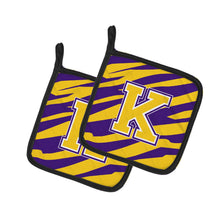 Load image into Gallery viewer, Letter K Monogram - Tiger Stripe - Purple Gold Pot Holders - Set of 2 - Heat-Resistant Kitchen Essentials CJ1022-KPTHD