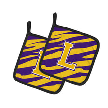 Load image into Gallery viewer, Letter L Monogram - Tiger Stripe - Purple Gold Pot Holders - Set of 2 - Heat-Resistant Kitchen Essentials CJ1022-LPTHD