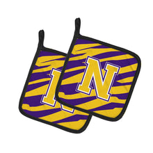 Load image into Gallery viewer, Letter N Monogram - Tiger Stripe - Purple Gold Pot Holders - Set of 2 - Heat-Resistant Kitchen Essentials CJ1022-NPTHD