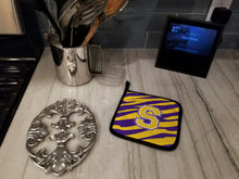 Load image into Gallery viewer, Letter S Monogram - Tiger Stripe - Purple Gold Pot Holders - Set of 2 - Heat-Resistant Kitchen Essentials CJ1022-SPTHD