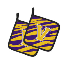 Load image into Gallery viewer, Letter V Monogram - Tiger Stripe - Purple Gold Pot Holders - Set of 2 - Heat-Resistant Kitchen Essentials CJ1022-VPTHD