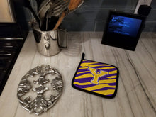 Load image into Gallery viewer, Letter Y Monogram - Tiger Stripe - Purple Gold Pot Holders - Set of 2 - Heat-Resistant Kitchen Essentials CJ1022-YPTHD