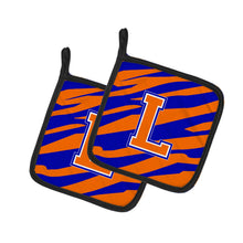 Load image into Gallery viewer, Monogram Initial L Tiger Stripe - Blue Orange Pot Holders - Set of 2 - Heat-Resistant Kitchen Essentials CJ1023-LPTHD
