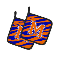 Load image into Gallery viewer, Monogram Initial M Tiger Stripe - Blue Orange Pot Holders - Set of 2 - Heat-Resistant Kitchen Essentials CJ1023-MPTHD