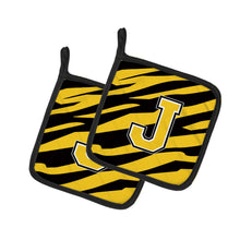 Load image into Gallery viewer, Monogram Initial J Tiger Stripe - Black Gold Pot Holders - Set of 2 - Heat-Resistant Kitchen Essentials CJ1026-JPTHD