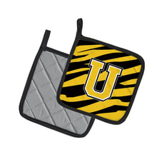 Load image into Gallery viewer, Monogram Initial U Tiger Stripe - Black Gold Pot Holders - Set of 2 - Heat-Resistant Kitchen Essentials CJ1026-UPTHD